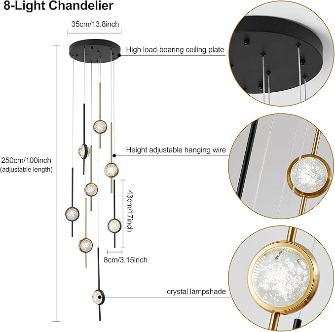 8-Light Chandelier,Crystal Globe Ball Bubble Chandelier with Special Black Gold pins.Black and Gold Chandelier for Spiral Staircase, Foyer, Entryway,High Ceiling (24W)