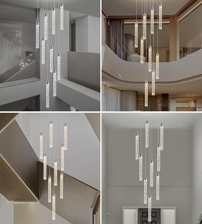 9-Lights High Ceiling Crystal Staircase Chandelier Silver, Modern Spiral Raindrop Dimmable LED Bubble Cluster Ceiling Hanging Lighting Fixture for Foyer Living Room Entrance Remote Control