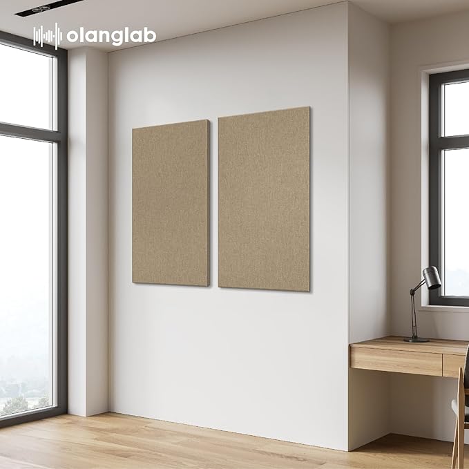 Olanglab Sound Absorbing Acoustic Wall Panels 2 Pack, 2'' 24''x48'' Fiberglass Sound Dampening Panels, Large Fabric Wrapped Sound Proof Panels for Walls (Khaki)