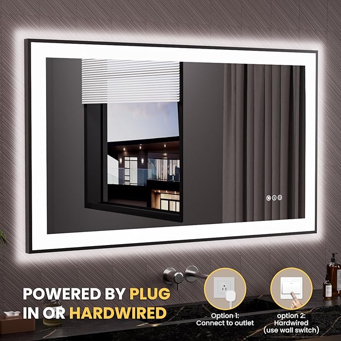 LOAAO 48"X28" LED Bathroom Mirror Black Framed, Anti-Fog, Dimmable, Lighted Bathroom Vanity Mirror for Wall, Memory Function, Tempered Glass