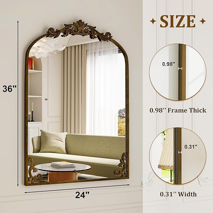 36"x 24" Arched Bathroom Mirror, Wall-Mounted Mirror with Carved Metal Frame & Bottom Art Carved, Vanity Mirror for Home Decor, Hanging Wall Mirror with Baroque Ornate Carved Accents, Vintage Bronze