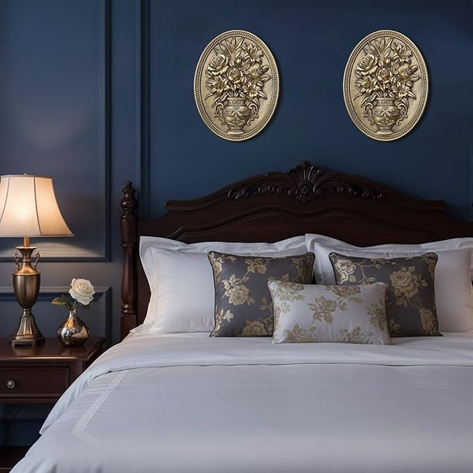 Newinhome Vintage Flower Wall Sculpture, Antique Wall Decor, Hand Painted Wall Decorations with Embossed Flower Design, Antique Pediment, Gold Decor for Living Room Bedroom Hallway, Unique Gifts