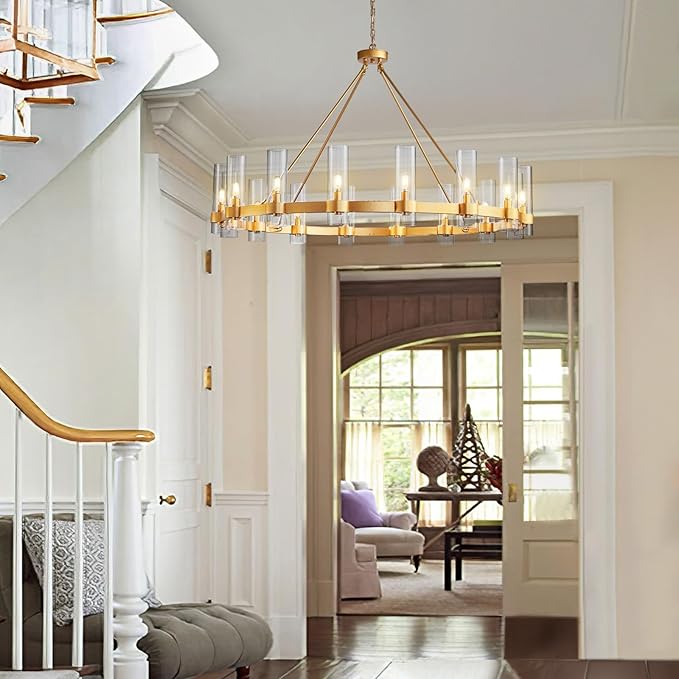 48" Gold Wagon Wheel Chandelier, 16-Light Farmhouse Round Pendant Light Fixture with Glass Shade, Large Hanging High Ceilings Chandeliers for Dining Room Kitchen Foyer Entryway Living Room