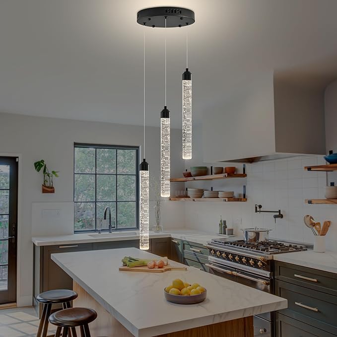 3-Light Modern Dimmable LED Crystal Chandelier - Black Mini Pendant Lighting with Spiral Raindrop/Bubble Cluster Pendant for Kitchen Island, Dining Room, Living Room, Foyer