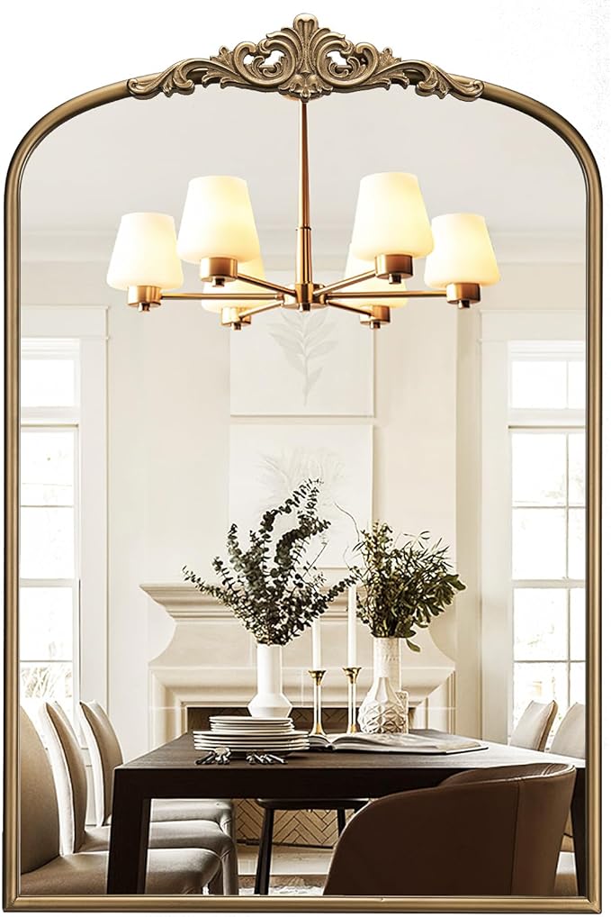 Arched Antique Gold Mirror, 24"x36" Vintage Vanity Traditional Baroque Mirrors, Ornate Arch Brass Mirror for Over Sink/Fireplace/Entryway/Bathroom