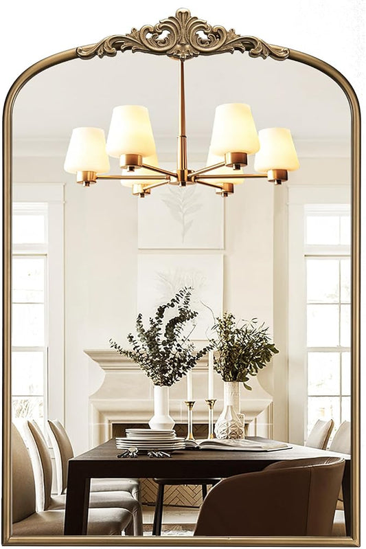 Arched Antique Wall Mirror, 22"x30" Vintage Gold Bathroom Vanity Mirror, Ornate Arch Bronze Mirror for Over Sink/Fireplace/Entryway