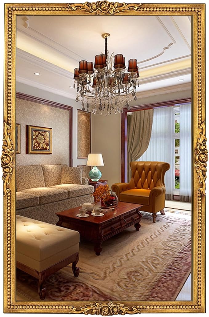 Antiqued Gold Wall Mirror with Beaded Frame – 24 * 36in Traditional & Flourish Baroque Ornate Rectangle Mirror for Over Fireplace/Entryway Vanity, Living Room or Event – Home Décor