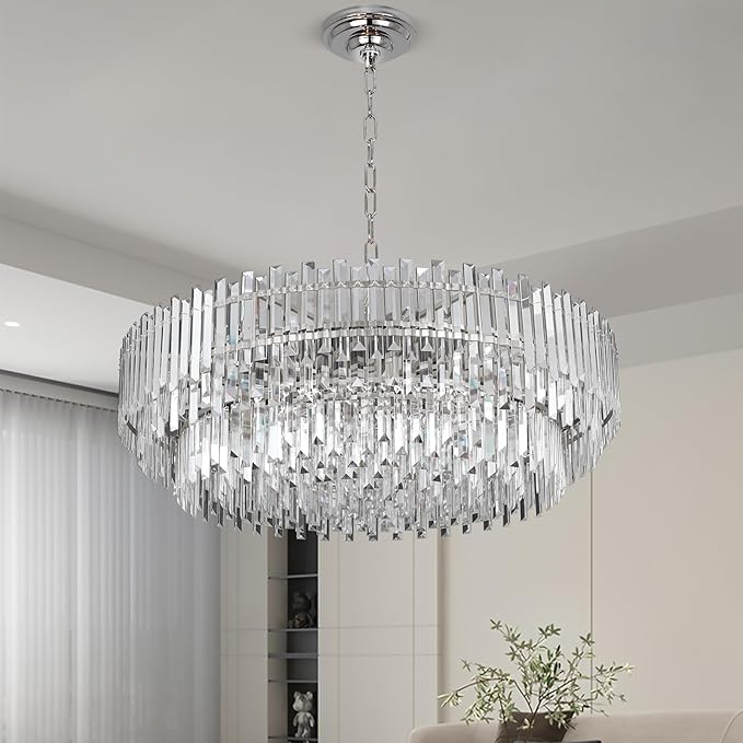 39" Modern Crystal Chandelier, 3-Tier Chrome Pendant Light with 17 Lights, Luxury K9 Crystal Ceiling Fixture for Dining Room Living Room Foyer