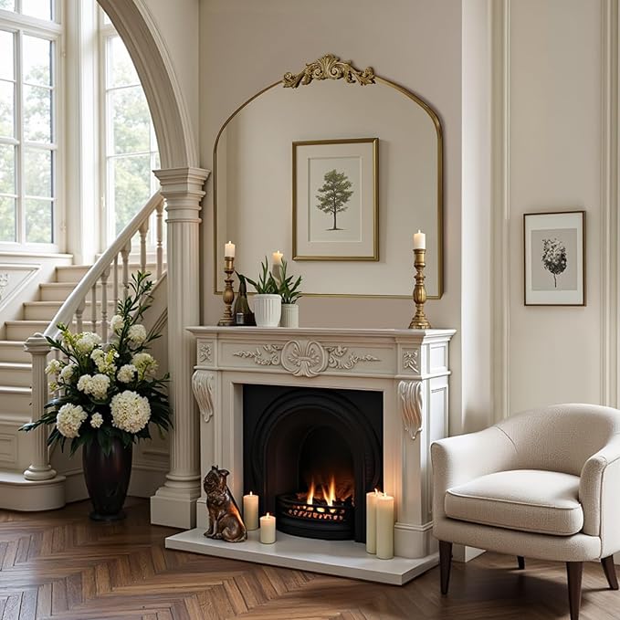 MISSDAY Vintage Arched Baroque Mirror for Wall, 36"X30" Antique Wall Mirror with Elegant Carving Top, Full Metal Frame Wall-Mounted Mirror for Bathroom, Living Room, Fireplace, Entryway, Retro Bronze