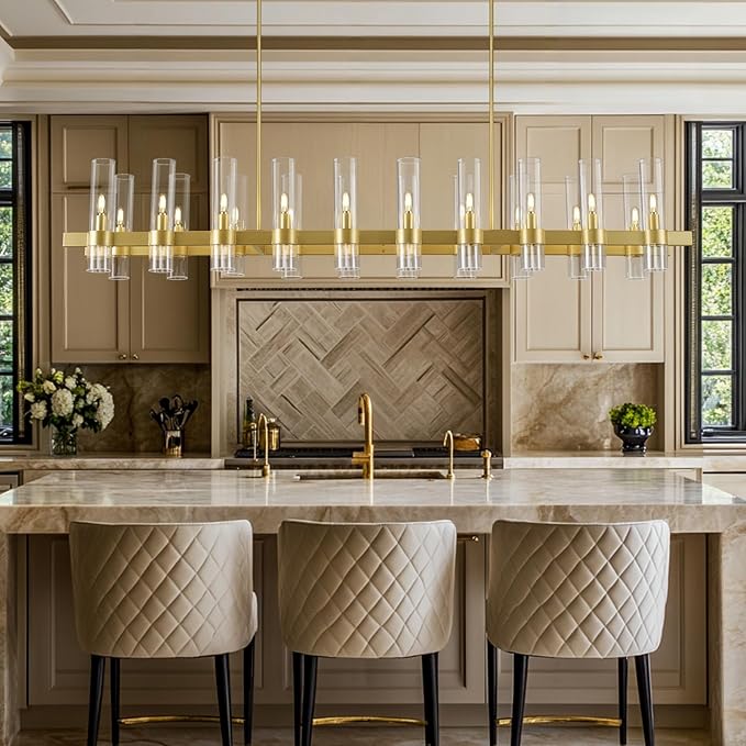 Modern Gold Linear Chandelier for Dining Room, 68'' Rectangular Dining Chandeliers Over Dining Table 20 Light, Linear Chandelier Lighting Fixture with Glass over Kitchen Island, Includes Bulbs