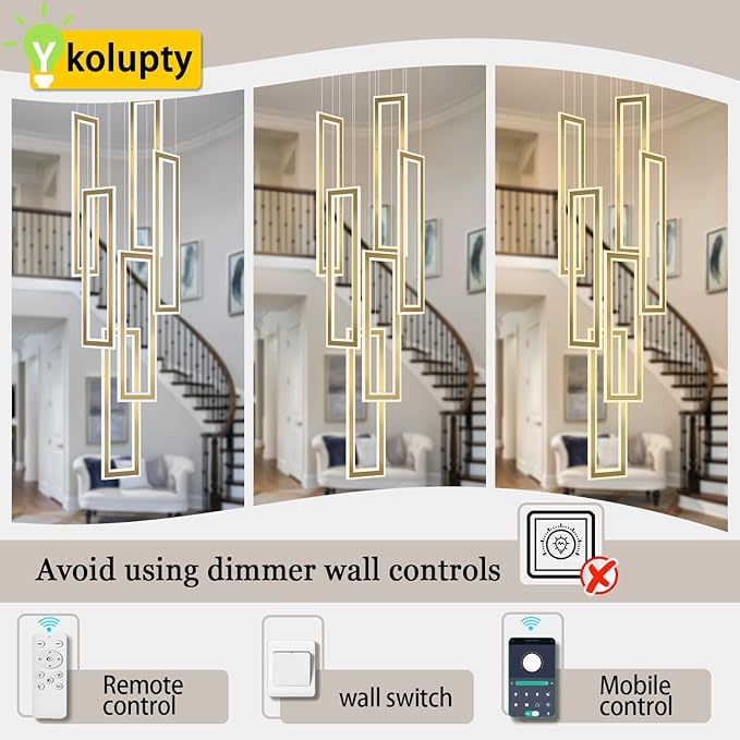 Modern Chandelier,6 Ring Led Foyer Chandeliers,Larger High Ceiling Chandelier for Living Room,Gold Rectangle Chandelier for Entryway Staircase LED Dimming 2700k-6000k