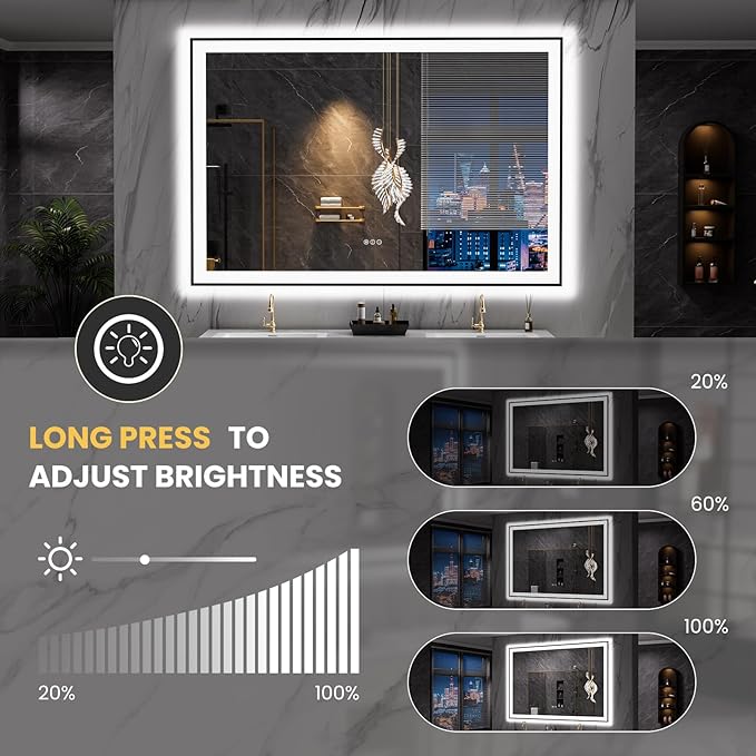 LOAAO 60"X40" LED Bathroom Mirror Black Framed, Anti-Fog, Dimmable, Lighted Bathroom Vanity Mirror for Wall, Memory Function, Tempered Glass