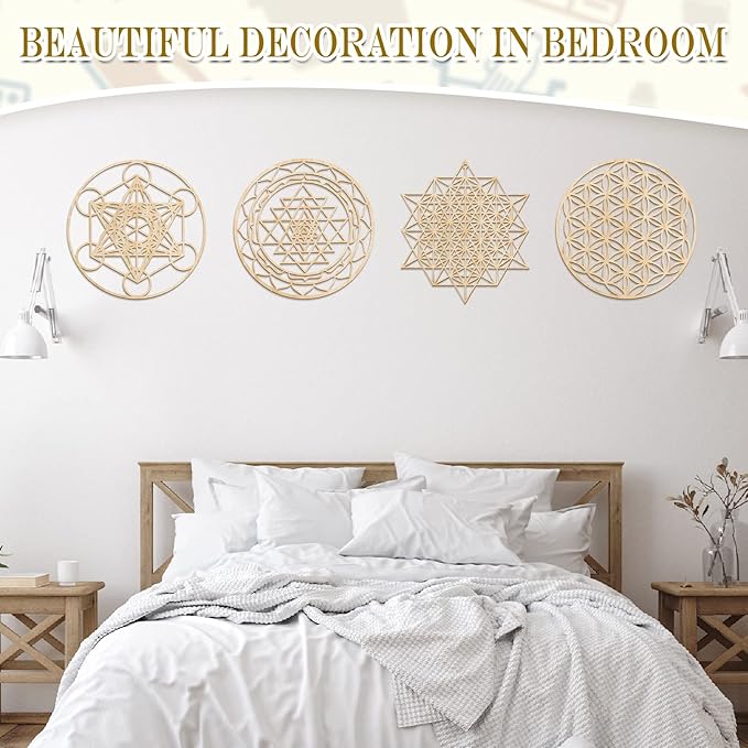 Leinuosen 4 Pcs 12 Inch Crystal Grid Board Sacred Geometric Wall Art Set Metatron Cube, Flower of Life, Sri Yantra, 64 Star Tetrahedron Pagan Decor Home Wall Decor for Room (Wood Color)