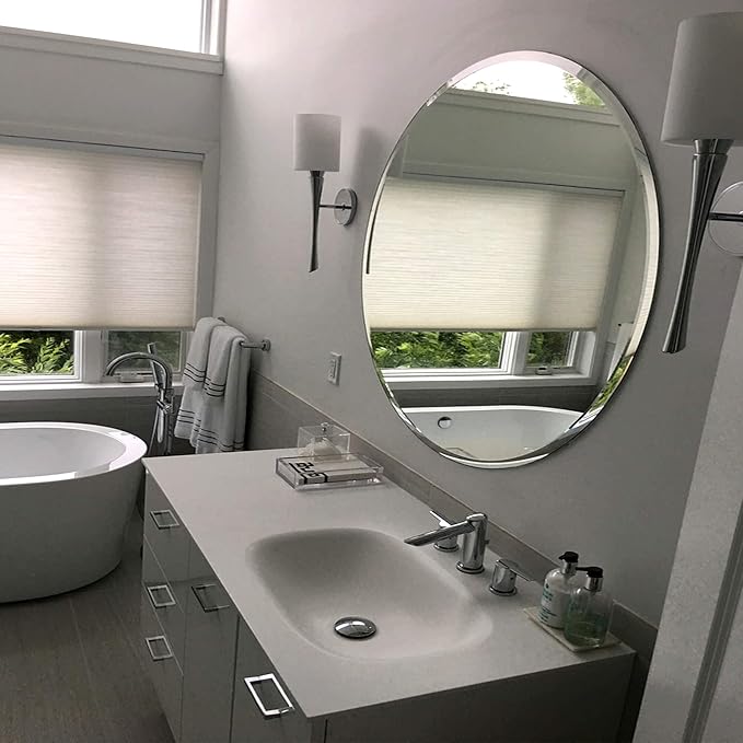 Large Round Mirror Frameless 1" Inch Beveled Wall Mounted Mirror with Safety Backing | Silver Backed Round Glass Mirror for Vanity, Entryways, Bathroom, Living Rooms with Hooks