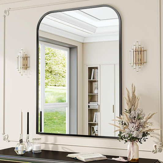 Black Wall Mounted Bathroom Mirror - 36 x 24 Inch Round Cruved Top Right Angle Bottom Wall Mirror, Aluminum Metal Framed, Decor for Living Room, Bedroom, Fireplace, Mantle, Entryway