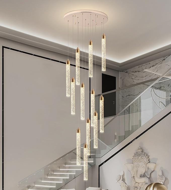 12-Lights High Ceiling Crystal Staircase Chandelier Gold, Modern Spiral Raindrop Dimmable LED Bubble Cluster Ceiling Hanging Lighting Fixture for Foyer Living Room Entrance Remote Control