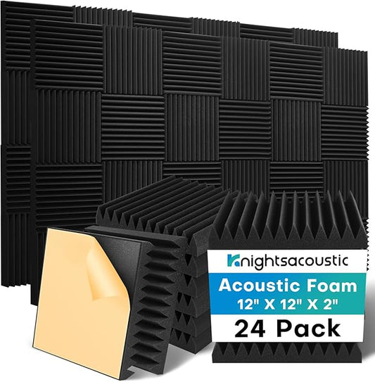 24 Pack Sound Proof Foam Panels for Walls with Self Adhesive, 12x12x2 Acoustic Foam Panels, High Density Acoustic Panels Sound Absorbing, Fire Resistant Studio Sound Proofing Black