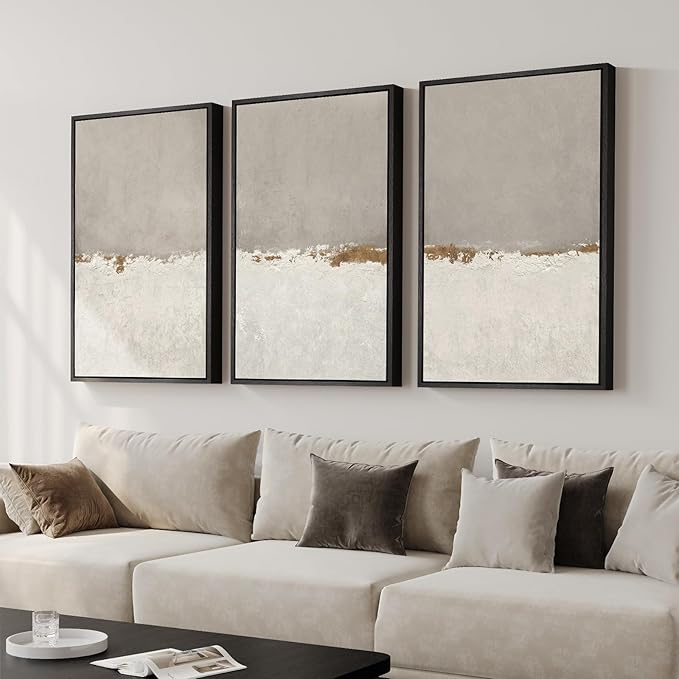 Large Framed Beige Neutral Abstract Wall Art for Living Room, 3 Piece Modern Canvas Prints Paintings Artwork for Walls, Minimalist Abstract Horizon Pictures for Hallway, Office Wall Decor 24x36 In