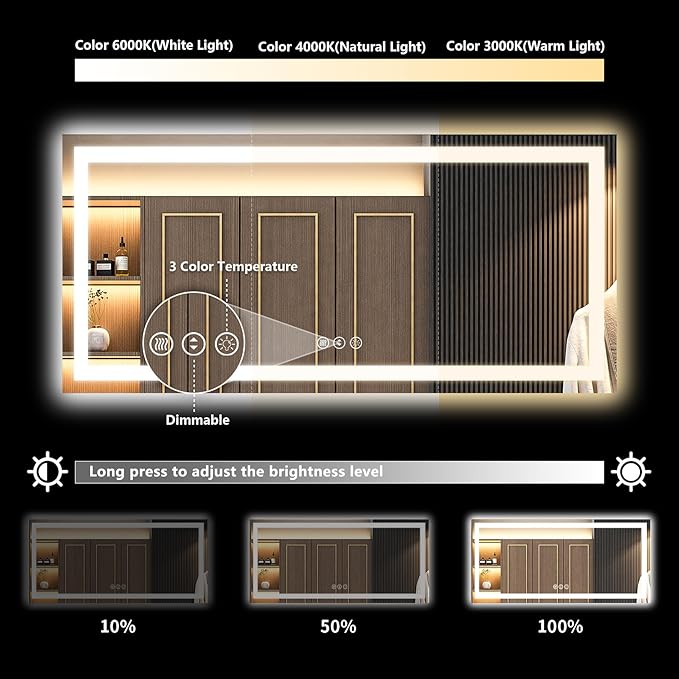 72x36 Inch LED Bathroom Mirror with Lights Front and Backlit Lighted Vanity Mirror for Bathroom Wall with 3 Colors Dimmable Anti-Fog Memory Shatter-Proof IP54 Waterproof Horizontal/Vertical