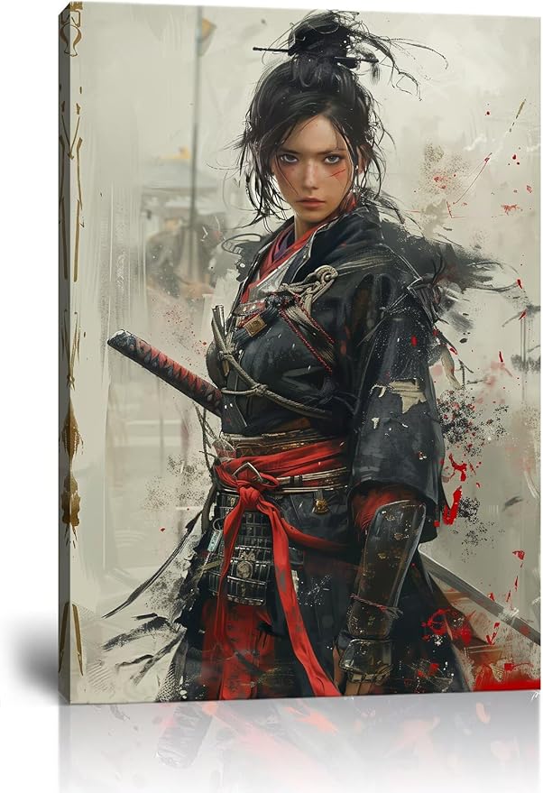 Japanese Female Samurai Wall Art Woman Fight Painting Canvas Prints Warrior Figure Pictures Bushido Posters Japanese Culture Theme Artwork for Bedroom Living Room Decor (12''W x 16''H)
