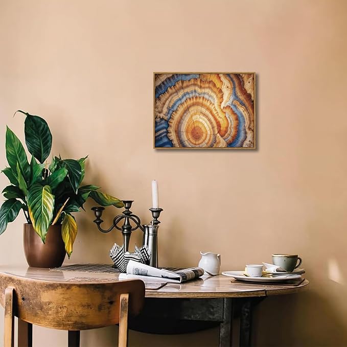 BingruiArt Framed Tree Ring Canvas Wall Art Abstract Wood Wall Decor Boho Modern Colorful Nature Painting Wood Stump Prints Pictures for Living Room Bedroom Bathroom Office 12"x16" Natural Framed(09)