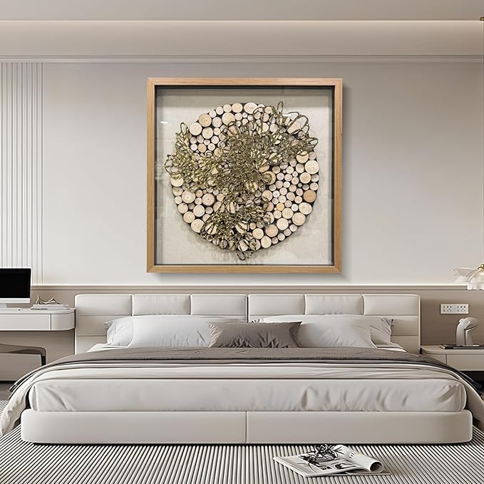 BrightA 3D Textured Wood Block Wall Art - Hand-Assembled Timber Base with Golden Vine Metal Accents, Tempered Glass & Solid Wood Frame Contemporary Decorfor Living Room Office 59"x59"