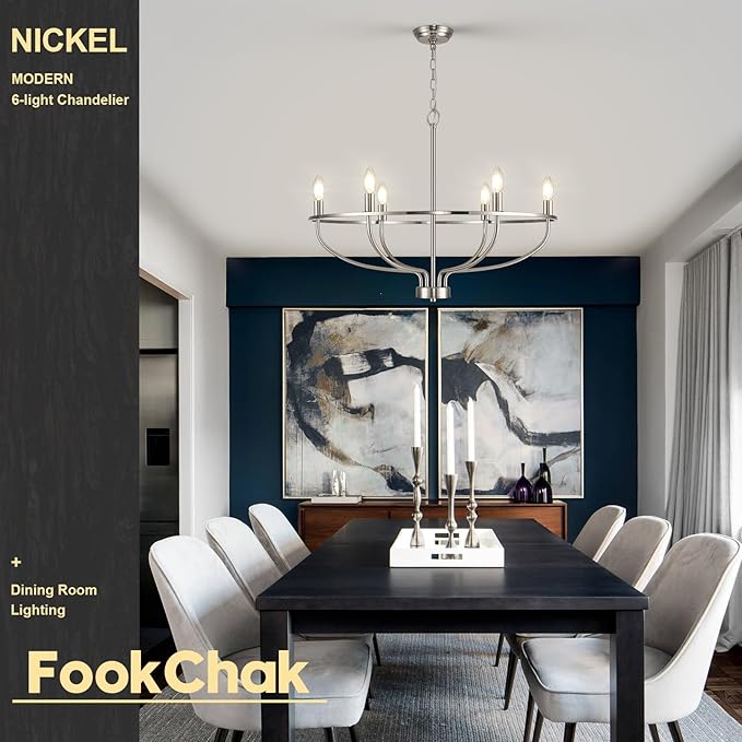 Brushed Nickel Chandelier, 6-Light Dining Room Chandelier Chrome Light Fixture Metal Candle Kitchen Chandeliers 28inch Round Chandeliers with Long Chain for Bedroom Living Room