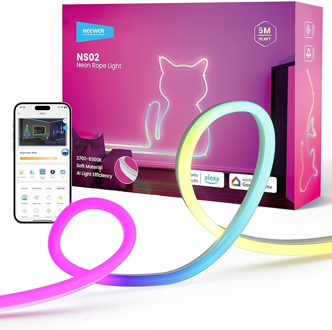 NEEWER 16.4ft/5m LED Strip Lights, Smart AI RGB Flexible Cuttable Neon Rope Light with App Control for Bedroom Gaming Room Indoor Studio Home Classroom Wall Outdoor Outside Waterproof Decor, NS02