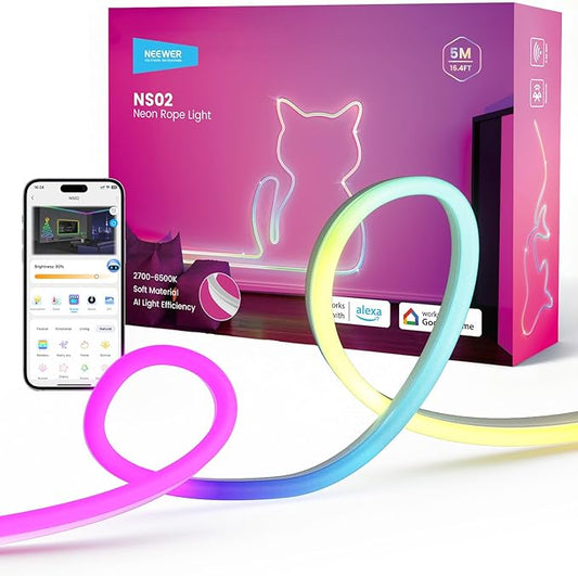 NEEWER 16.4ft/5m LED Strip Lights, Smart AI RGB Flexible Cuttable Neon Rope Light with App Control for Bedroom Gaming Room Indoor Studio Home Classroom Wall Outdoor Outside Waterproof Decor, NS02