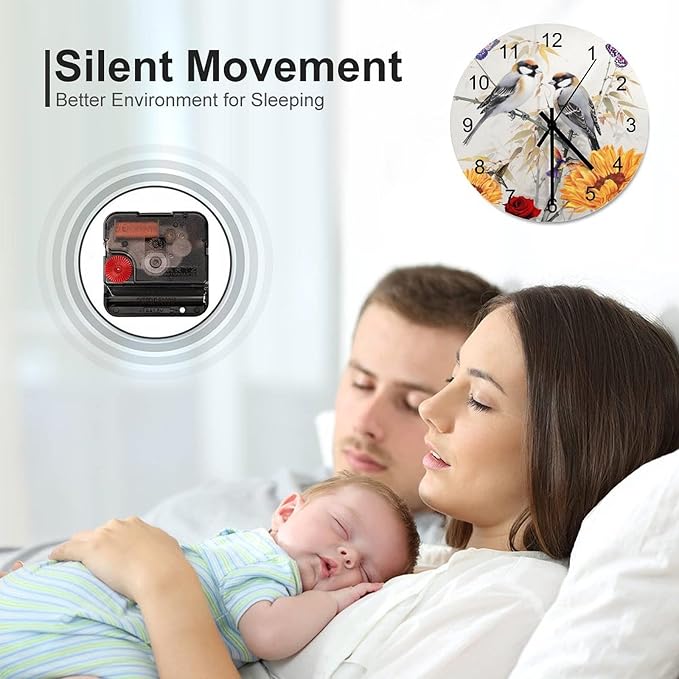 Bird Bamboo Forest Oriental Art Circular Wall Clock, Black Bamboo Forest Butterfly Love Bird Art Decoration, Colorful Butterfly Art Home Wooden Silent Wall Clock 12x12INCH