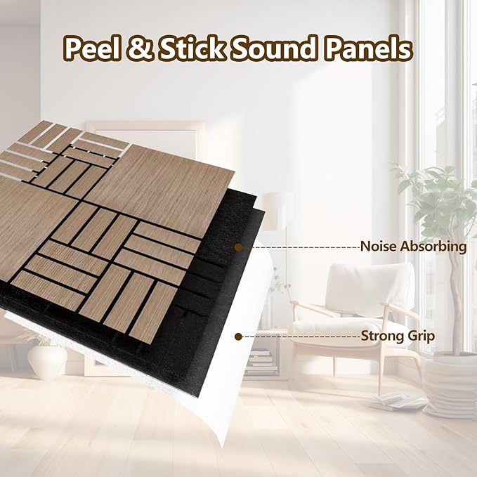 4 Packs Acoustic Wall Panels - Self-Adhesive 3D Wood Slat Wall Panel- Peel and Stick Sound Absorbing Panels for Noise Reducing - Feature Wall Decor for Home & Office
