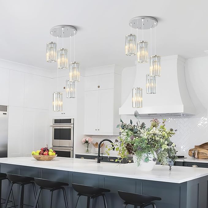 Chrome Pendant Lighting Modern Pendant Light, Mini Crystal Chandeliers,Adjustable Pendant Light Fixture for Kitchen Island Dinning Room Corridor Bedroom…(Gold 5-Light)