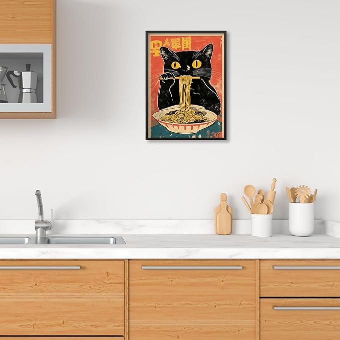 Black Framed Canvas Wall Art Posters Vintage Funny Black Cat Eating Ramen Unique Kitchen Decor Artwork Japanese Prints for dining Room Bedroom or Living Room Decoration 16x20 inch