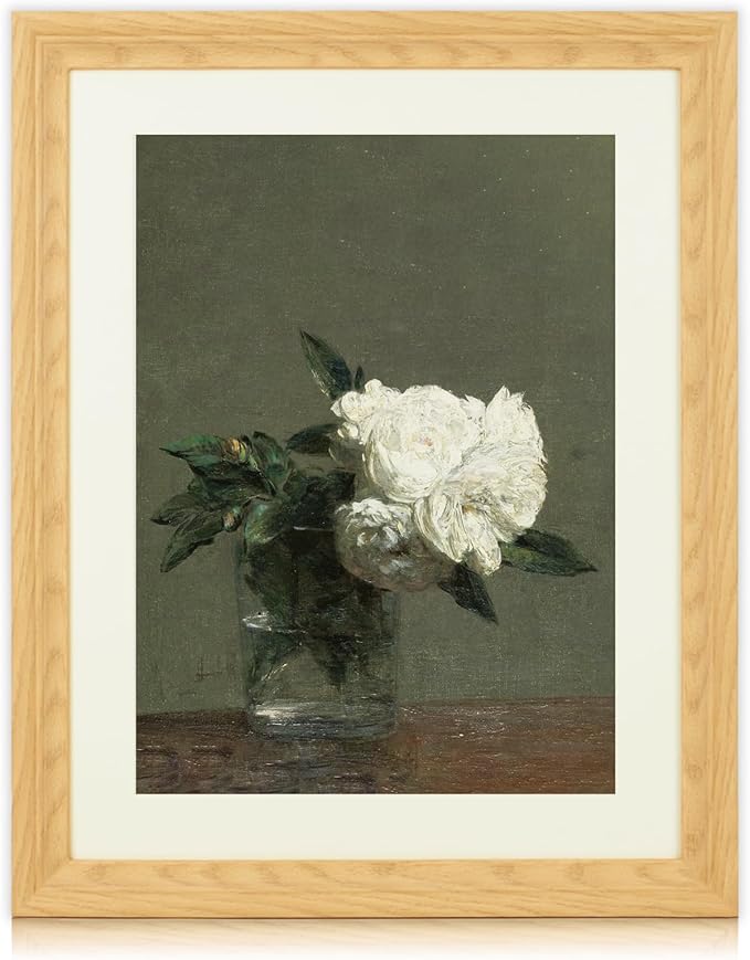 Brivoria Framed Canvas Wall Art Vintage Decor, White Roses in Glass Vase Realist Still Life Floral Print with Dark Olive Background for Living Room Dining Room Office Gallery Wall Decor, 16"x20"