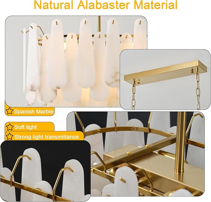 Chandeliers for Dining Room, L39.4in Modern Alabaster Rectangle Brass Chandelier, 4-Tiers Luxury Natural Stone Ceiling Light Fixture, White Marble Chandeliers for Kitchen Island Living Room