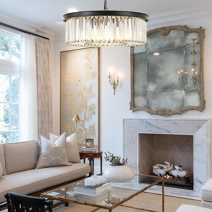 Modern Black Crystal Chandelier,2-Tier Round Pendant Ceiling Fixture with Height Adjustable Luxury Hanging Chandelier for Dining Room,Living Room,Entryway,Bedroom,Kitchen,and Foyer (Black Crystal-2)