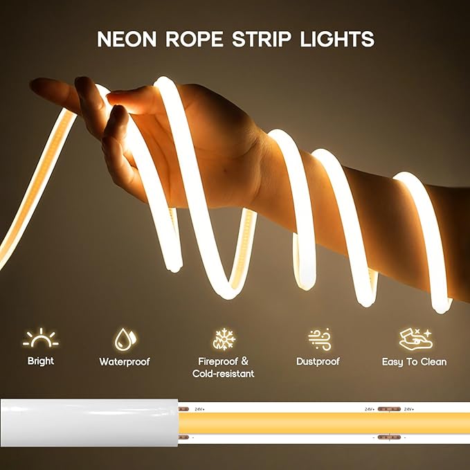LED Neon Lights Warm White 3000K,98.4ft 110-120V LED Strip Lights,Flexible Outdoor Waterproof Neon Rope Lights for Bedroom,Cabinet,Kitchen,Living Room,Mirror,Halloween Decor