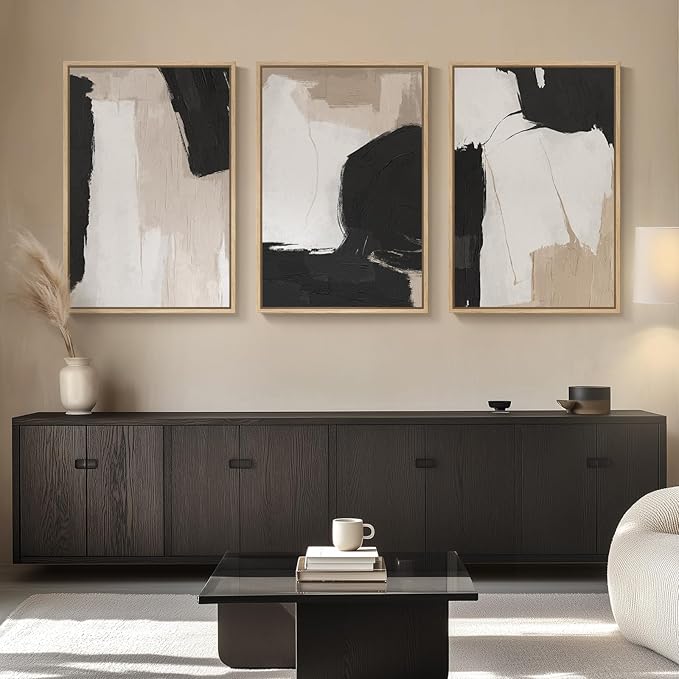 Large Framed Black and White Neutral Abstract Wall Art for Living Room, 3 Piece Canvas Prints Paintings Artwork for Walls, Modern Minimalist Abstract Pictures for Hallway Office Wall Decor 24x36 In
