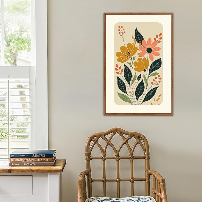 LHIUEM Boho Floral Botanical Framed Canvas Wall Art Set,Abstract Vintage Beige Wall Decor,Minimalist Wildflowers Artwork for Living Room,Bedroom,Dining Room,Office -16"x24"x3