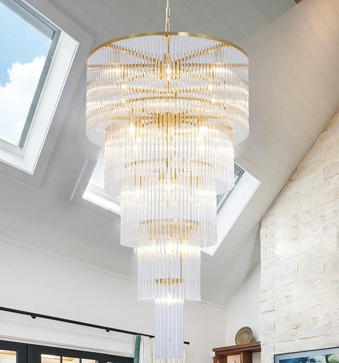Large Chandelier for High Ceiling 5-Tier Long Brass Crystal Glass Chandelier Modern Chandelier Hanging Pendant Light Fixture for Entry Stairway Staircase Hall Foyer Living Room H49