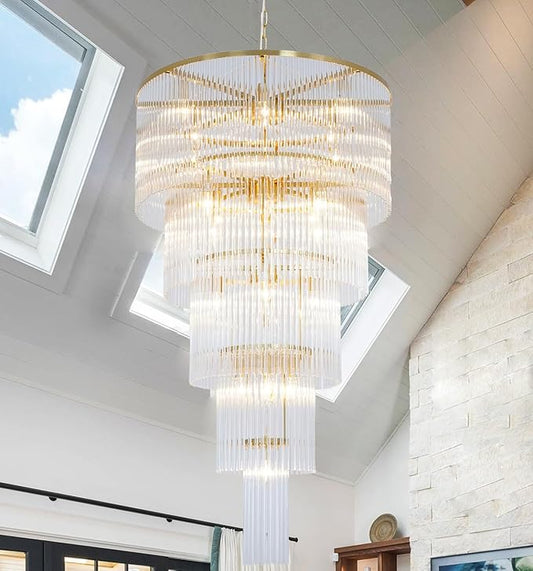 Large Chandelier for High Ceiling 5-Tier Long Brass Crystal Glass Chandelier Modern Chandelier Hanging Pendant Light Fixture for Entry Stairway Staircase Hall Foyer Living Room H49