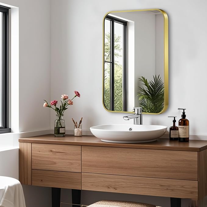 16x20 Inch Gold Mirror, Framed Rectangle Mirror with Rounded Corner, Brushed Brass Mirror, Gold Bathroom Mirror for Over Sink, Vanity, Living Room, Bedroom, Horizontal/Vertical