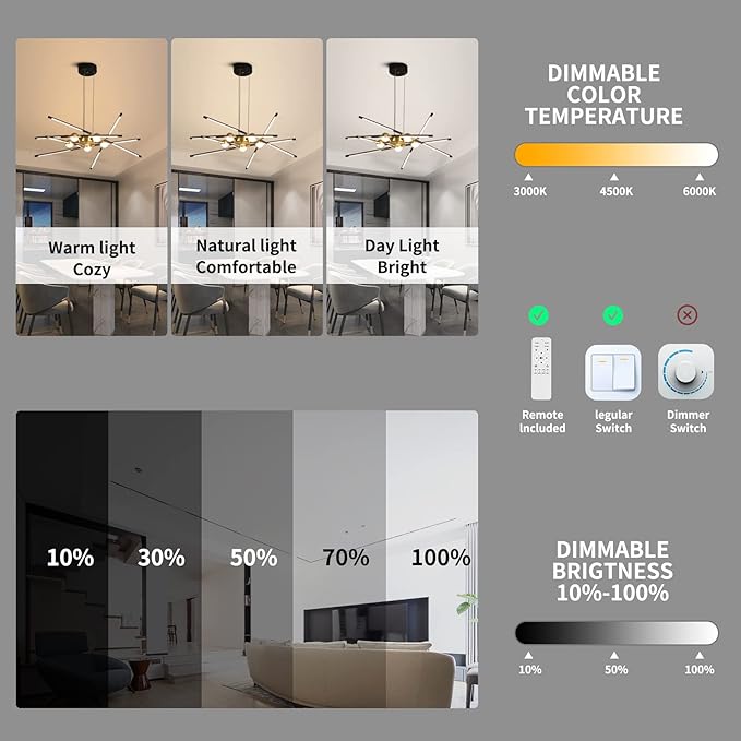 Modern Black chandelier,Sputnik Chandelier 10-Lights Dimmable Pluggable Hanging Ceiling Light Embedded Installation Fixture, Gold LED Pendant Light for Kitchen Island,Living Room Decoration