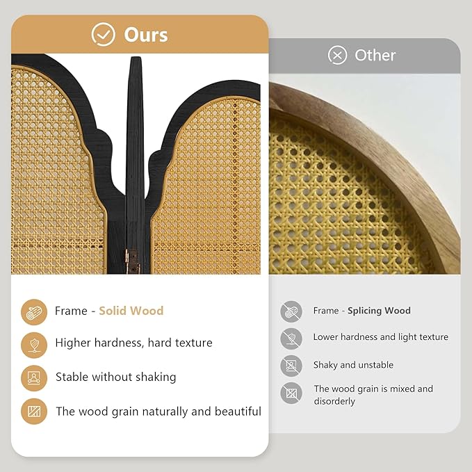 4 Panel Rattan Room Divider, 6 FT Tall Portable Partition Solid Wood Frame Folding Privacy Screen, Partition Room Divider Ideal for Bedroom Living Room Office, Black