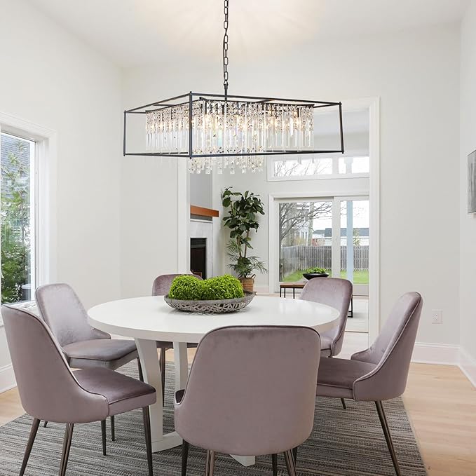 Modern Black Crystal Chandelier, 12-Light Square Pendant Lighting Fixture for Kitchen Island, Dining Room, or Living Room – Elegant Large Ceiling Light for Bedroom and Foyer (35.5")