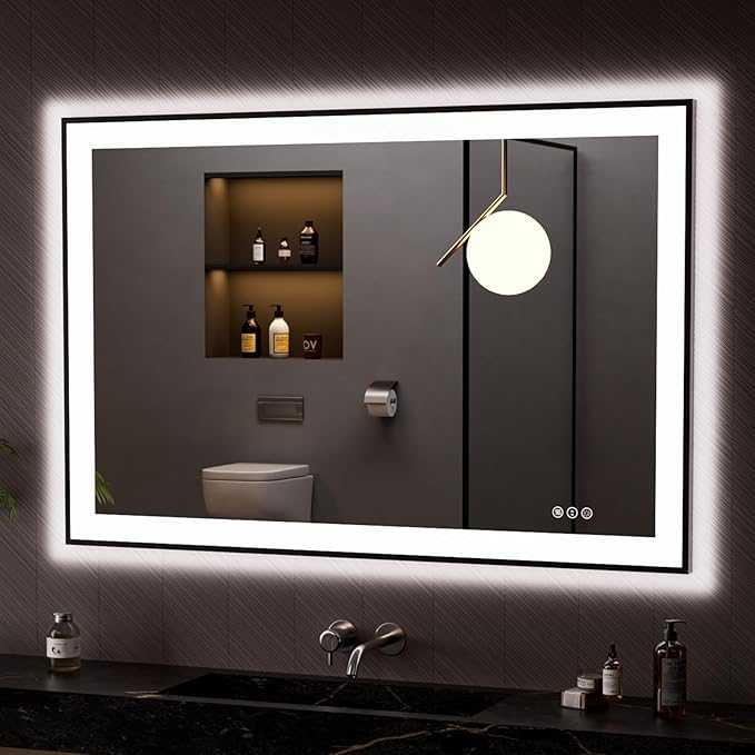 LOAAO 48"X32" LED Bathroom Mirror Black Framed, Anti-Fog, Dimmable, Lighted Bathroom Vanity Mirror for Wall, Memory Function, Tempered Glass