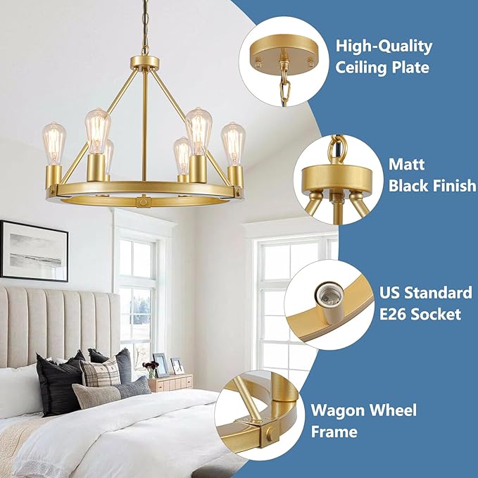 9MMML Gold Wagon Wheel Chandelier, 6-Light Industrial Pendant Light, 20'' Farmhouse Ceiling Hanging Chandelier Light Fixture for Living Room, Bedroom, Entryway, Foyer