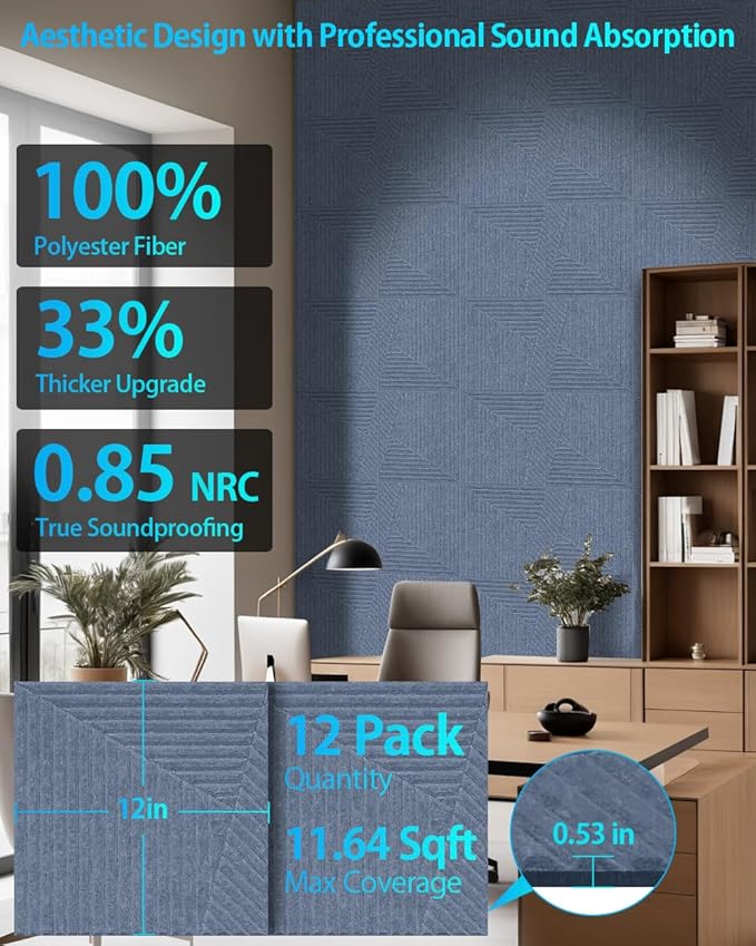 12 Pack Acoustic Wall Panels Self-Adhesive, 12" X 12" X 0.5" Decorative Acoustic Panels, Soundproof Wall Panels for Studio, Home & Living Room, Polyester - Slash Cement Gray