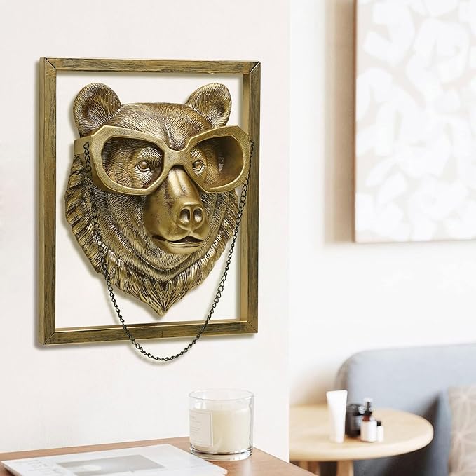 Newinhome Animal Heads Wall Decoration (Gift Metal Frame) Resin Animals Sculptures Head Wall Hanging Decor Gold vintage Wall Sculpture for Living Room Bedroom Office(Bear)