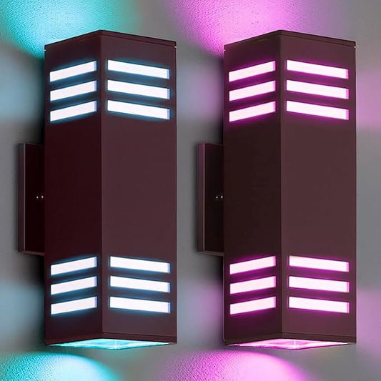 Modern Outdoor Wall Lights, Up and Down Color Changing Porch Lights,Cylinder Lights Outdoor Wall Sconce,Bronze Exterior Lighting Fixture Compatible with Smart Life & Tuya Smart